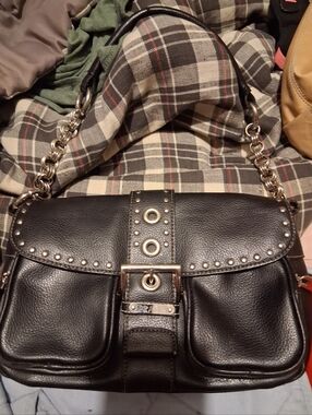 Prada Black Leather Studded Shoulder Bag with Chain Strap